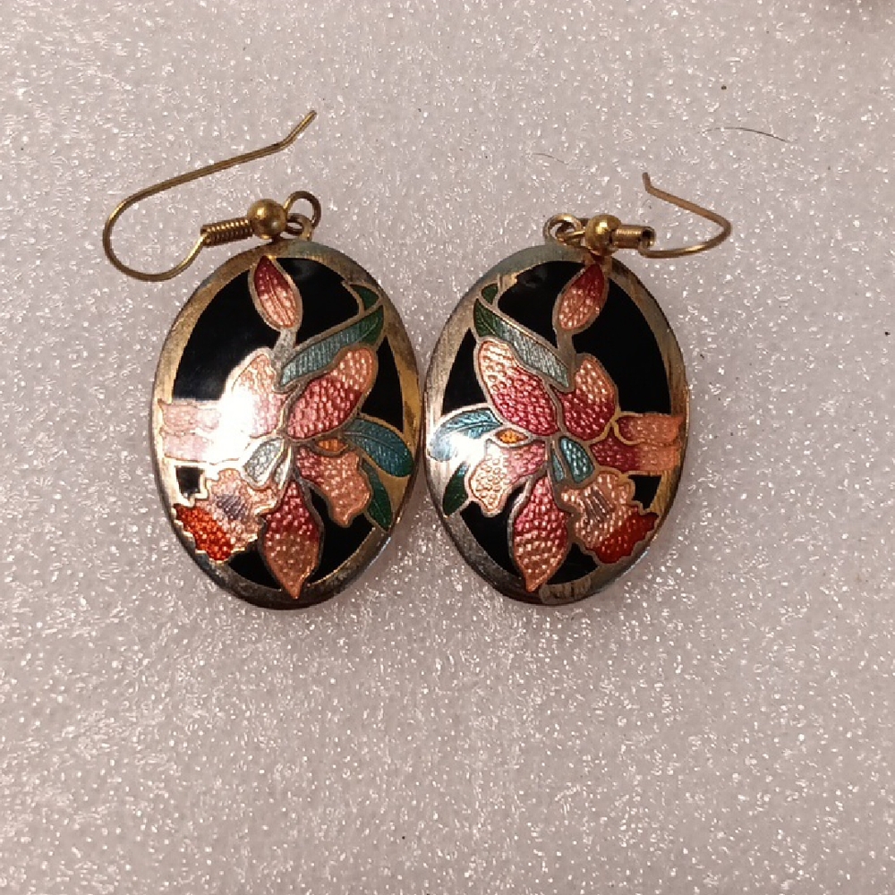 Floral Cloisonné Dangle Earrings in Black and Pink